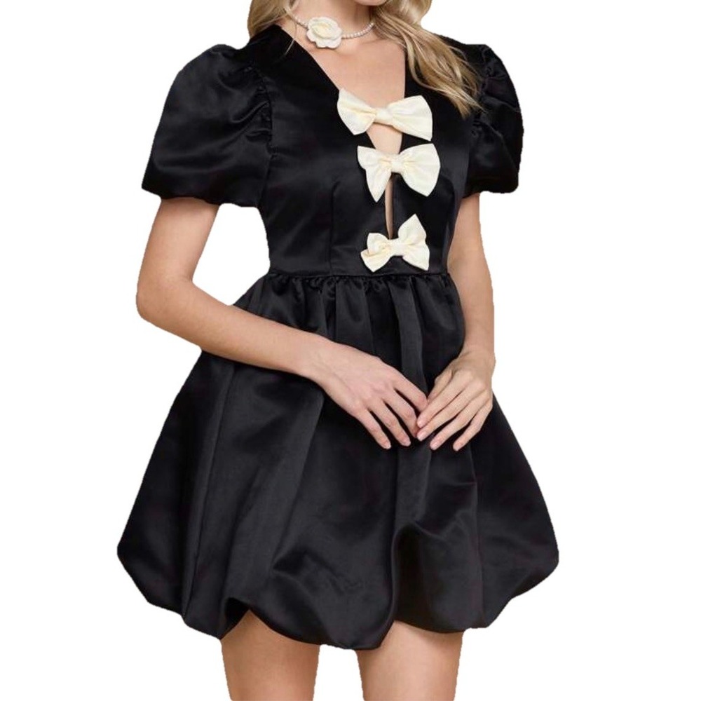NWT Large Black Satin Goth Mini Dress White Bows Puffy Sleeves Babydoll Peekaboo